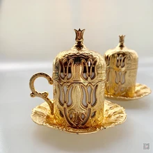 Golden Turkish Coffee Set for Two Tulips Exquisite European Metal Coffee Cup Set