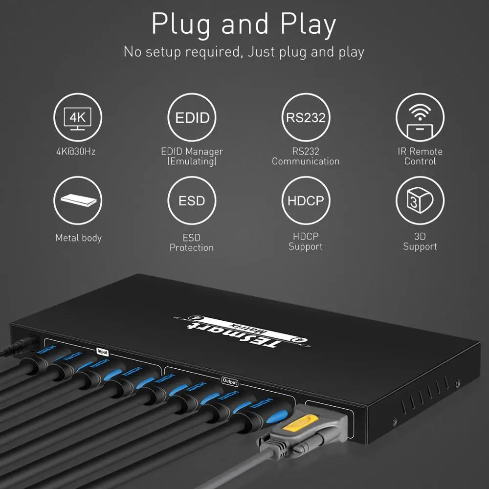 TESmart Ultra HD 4K HDMI 4X4 Matrix Switcher 4 Ports Inputs and 4 Port Outputs with RS232 IR Remote Control Supports 4Kx2K@30HZ