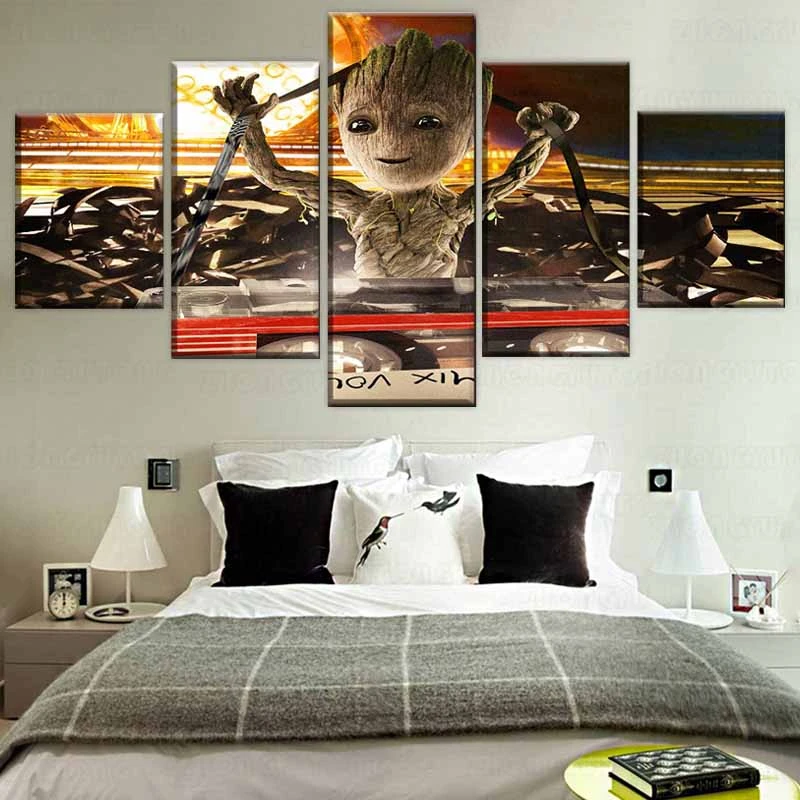 bedriegen kool Kluisje One Set Modular Picture Decor Frame 5 Panel Baby Groot Painting Movie Vol 2  Poster Wall Art Home Decor - Painting & Calligraphy - AliExpress
