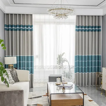 

Nordic Modern Lattice Curtain for Living Room Dining Room Bedroom Strip Linen Gray Blue Jacquard Curtain Yarn Custom