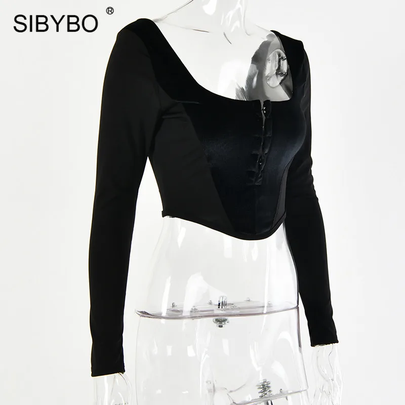 SIBYBO, длинный рукав, пэчворк, тонкие сексуальные женские топы, квадратный воротник, открытая спина, короткая женская футболка, черная, молния сзади, повседневный укороченный топ