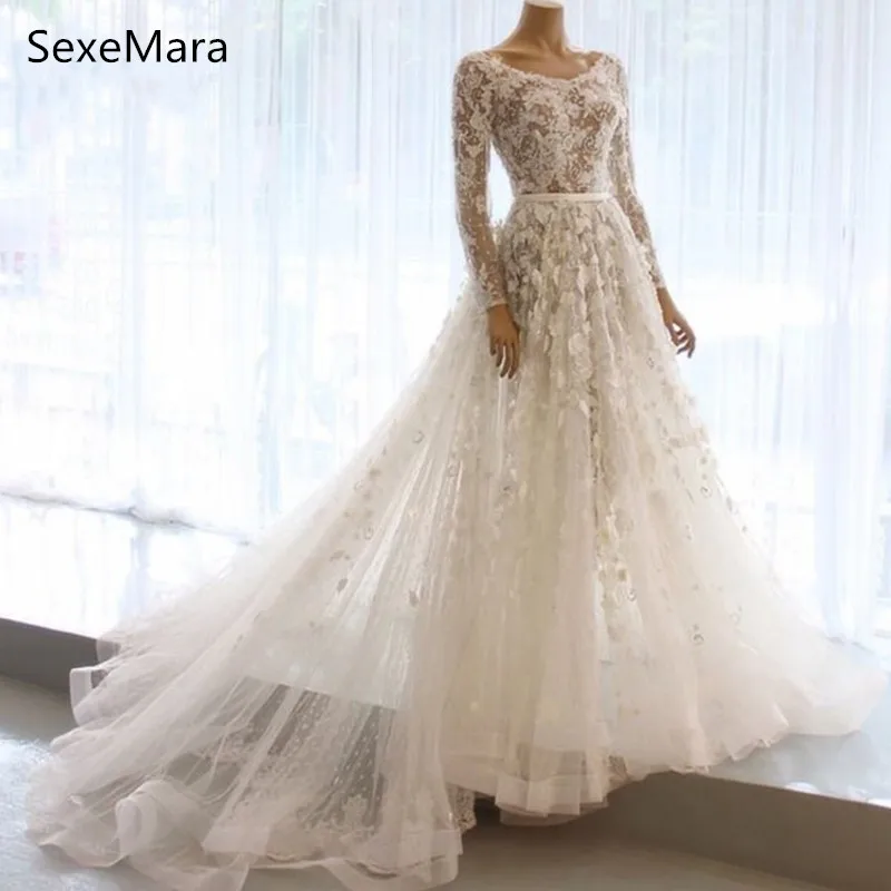 Элегантные 3D Свадебные платья с цветами с длинными рукавами кружевные трапециевидные Свадебные платья с круглым вырезом Свадебное платье