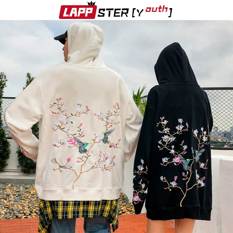 LAPPSTER Мужская негабаритная Вышивка Уличная толстовки с капюшоном осенние мужские s винтажные цветочные хип хоп толстовки модные толстовки с капюшоном