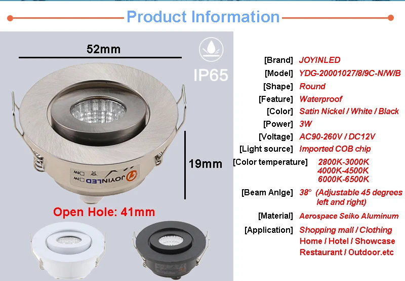 Factory Price Recessed LED Waterproof IP65 Dimmable COB Downlight Outdoor 3W AC90-260V LED Ceiling Spot Light LED Ceiling Lamp