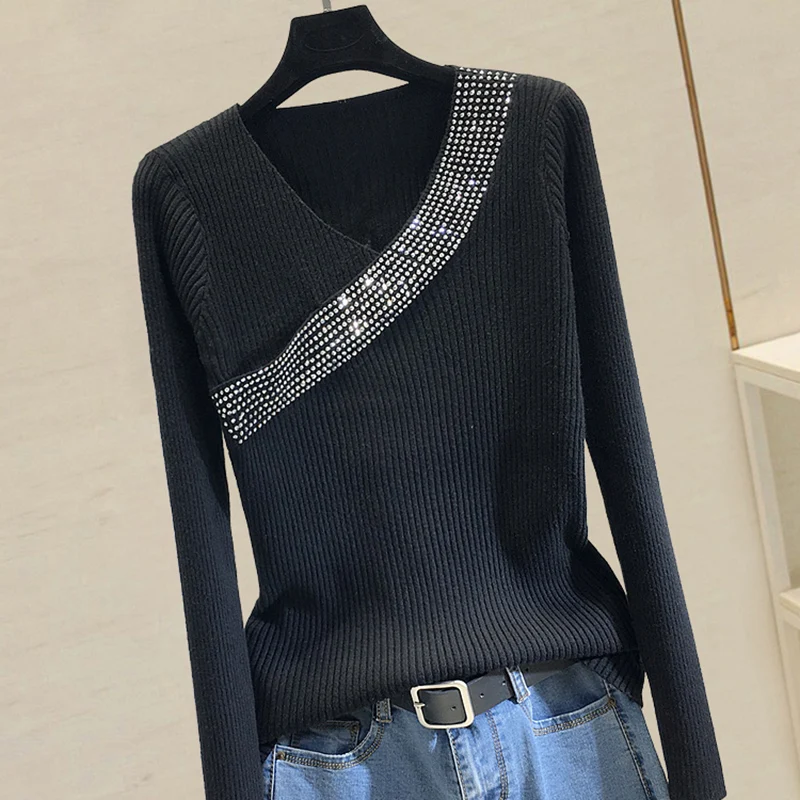

Female Autumn winter New Sweater Knitted Fashion White Black Womens Sexy V Neck Crystal Sweaters Long Sleeve Women Pullover Tops