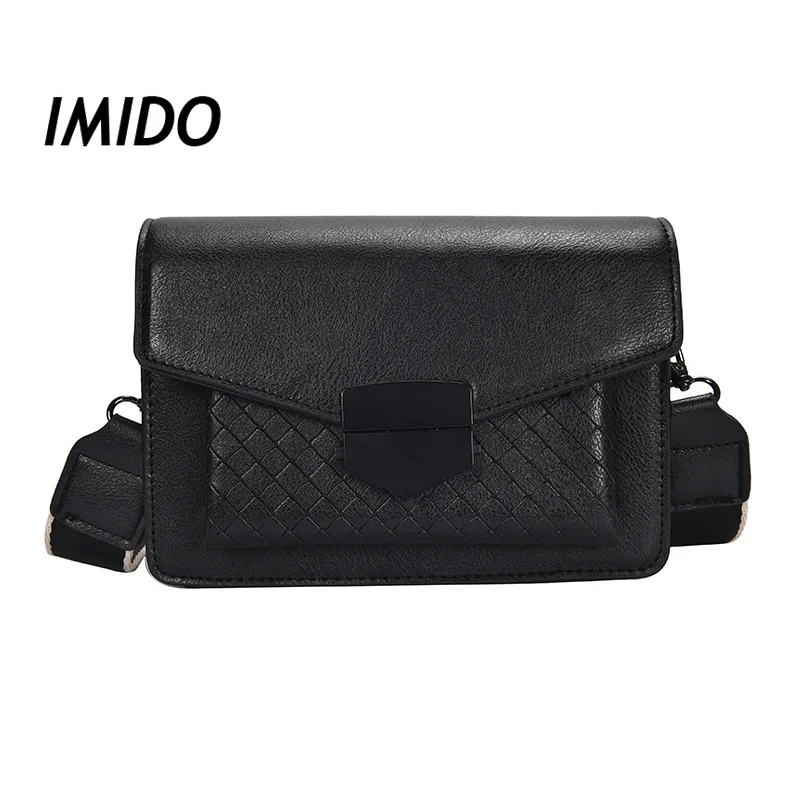 

Wild plaid pattern PU soft surface cross-body bag retro wide shoulder strap shoulder bag buckle solid color small square bag