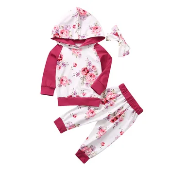 

Baby Girl Set Floral Cotton 3pcs Hooded Sweater Tops Pants With Headband Newborn Baby Girl Clothes Fall Girl Clothing For Babies