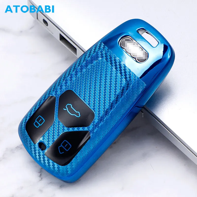 

TPU Soft Car Key Cover For Audi A4 A5 S4 S5 Q5 Q7 TT 2019 2020 3 Buttons Smart Keychain Carbon Style Remote Fob Protector Case