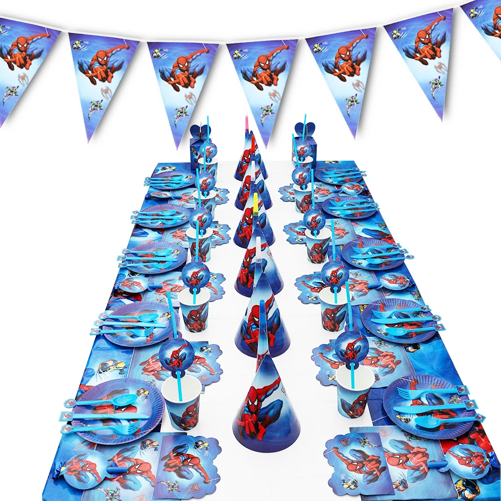 Spiderman-decoración de fiesta de cumpleaños, Taza y plato de papel, Banner de servilleta/bandera, caja de dulces, vajilla de paja, suministros para fiesta de Baby Shower