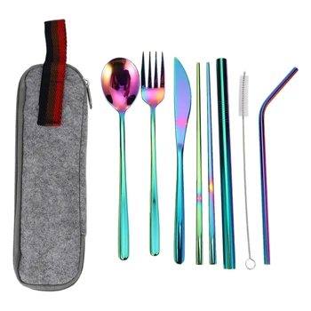 

Tableware Reusable Travel Cutlery Set Camp Utensils Set with Stainless Steel Spoon Fork Chopsticks Straw Portable Case