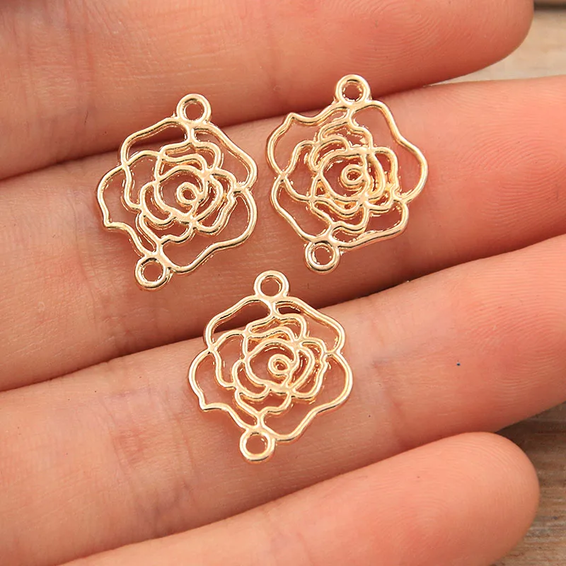 40PCS 2 Color 13*16mm KC Gold Paper Rose Charms Plant Connector Metal Alloy DIY Necklace Bracelet Handwork Marking Findings