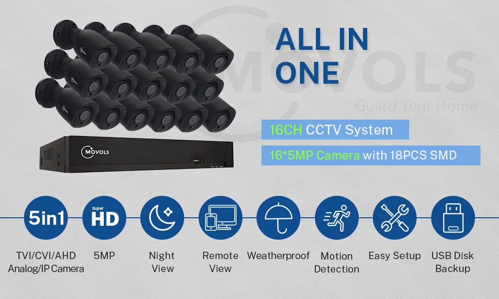MOVOLS 5MP безопасности Камера Системы 16CH H.265 XVR HD Крытый 16x5 Мп 2560*1920 HD CCTV Камера видео наблюдения наборы