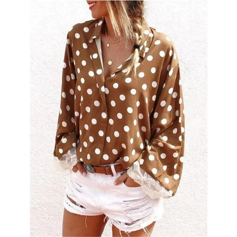 

2019 New Fashion Women Blouses Long Sleeve Turn-down Collar Chiffon Blouse Shirt Casual Tops Elegant Dots Shirt Autumn