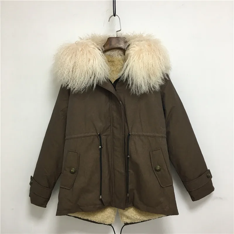 Men's Brown Short Jacket Top Quality Real Lamb Fur Collar Can Be Removable High-tech Anti-Lamb Liner Coat Plus Size Parka