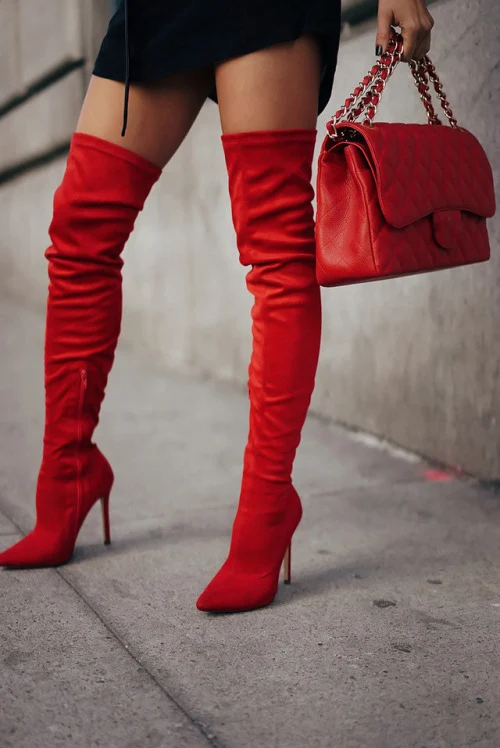 

Newest Red Suede High Heel Boots Sexy Pointed Toe Stretch Fabric Over The Boots Woman Thigh High Boots