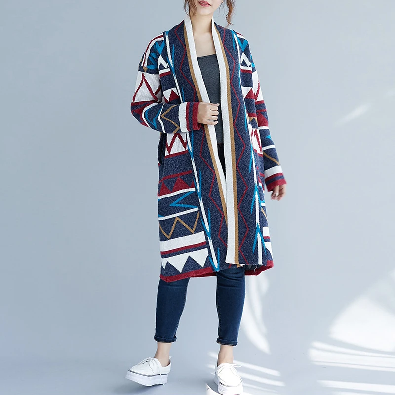 

Johnature Autumn Winter New Korean Long Print Knitting Women Coat 2019 Casual Cardigan Loose Warm Plus Size Women Coats