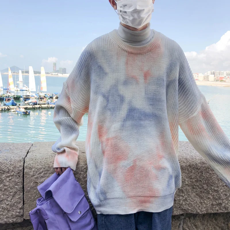 

Sweater Men Warm Fashion Tie Dye Print Casual Knit Sweater Man Streetwear Sweter Clothes Hip Hop Loose Long Sleeve Pullover Men