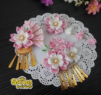 

Japanese Hair accessories Pink Kimono Bathrobe Cherry blossoms Fan Hair clip Headdress Handmade Flower Kanzashi Hair Ornaments