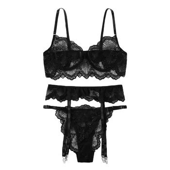 

Lace Lingerie For Women Sexy Wireless Bra Thong Garter Underwear Black S-3xl Нижнее Белье Комплект Нижнего Белья Женское Белье