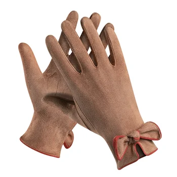 

Women's Full Finger Gloves Winter Adult Outdoor Bow Cuffs Suede Touch Screen Thermal Elegant Warm Gloves Sportswear Accessories