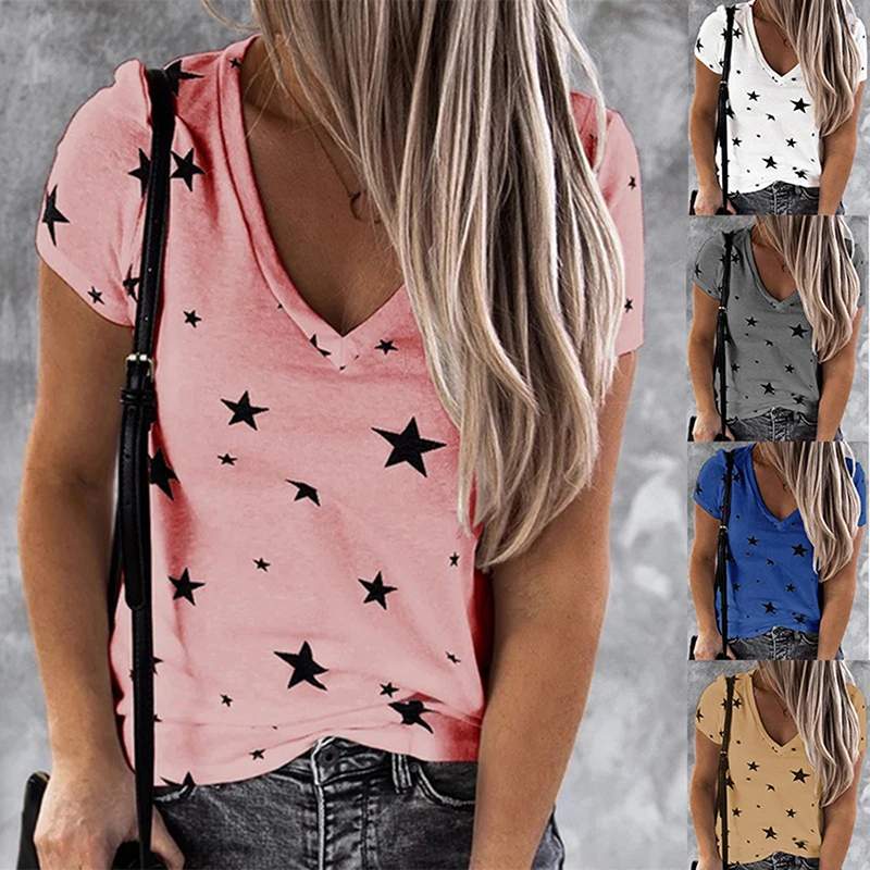 

Fashion Print Stars T-Shirts Summer Casual Clothes Short Sleeve Cotton Tops Ladies Tee Loose V Neck Women's T Shirt Mujer