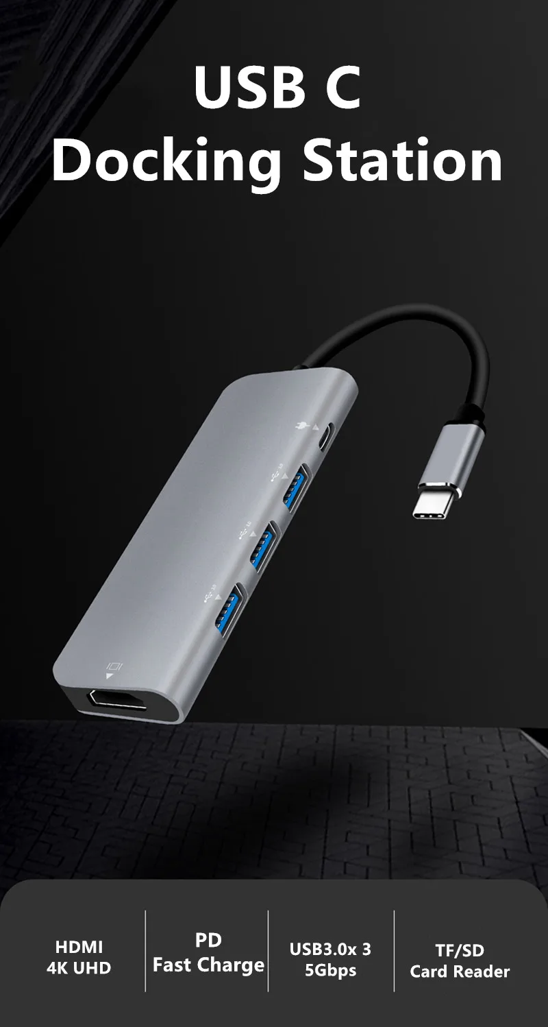 Veggieg USB C концентратор, 7 в 1 USB C адаптер с 4K HDMI, USB 3,0 порты, TF/SD кардридер, и PD для MacBook Pro //