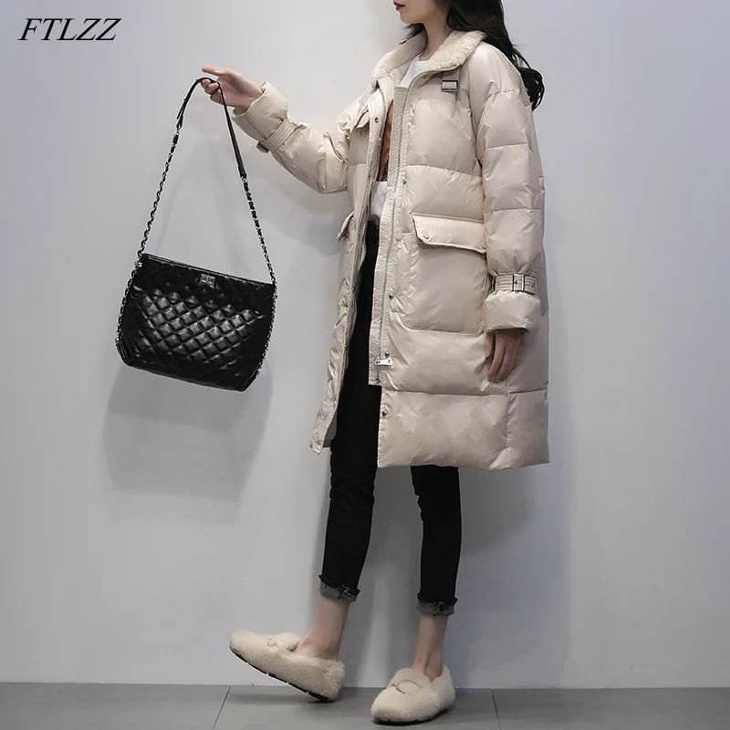 FTLZZ Winter Lamb Fur Stand Collar Long Jacket