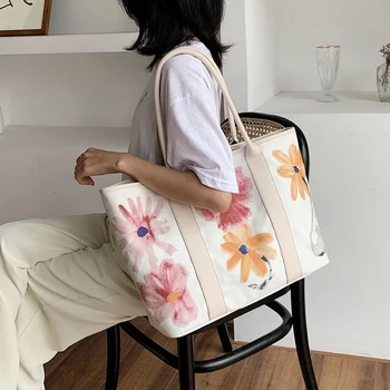 

Simple Large-Capacity Handbag Female 2020 Popular All-match Single-Shoulder Canvas Bag Flower Graffiti Holiday Bag for travel