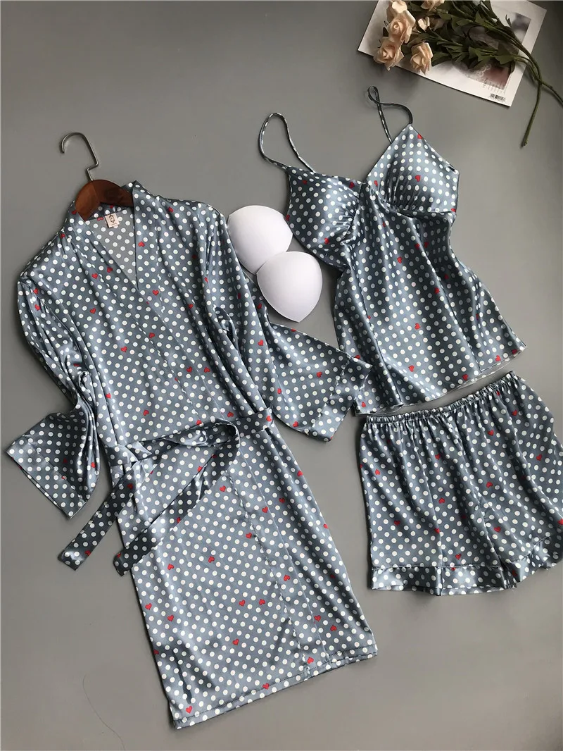 Весна Лето атласные пижамы наборы для женщин 3 шт. Сексуальная Шелковая пижама женский корейский стиль тонкая Пижама с нагрудными накладками ночное белье