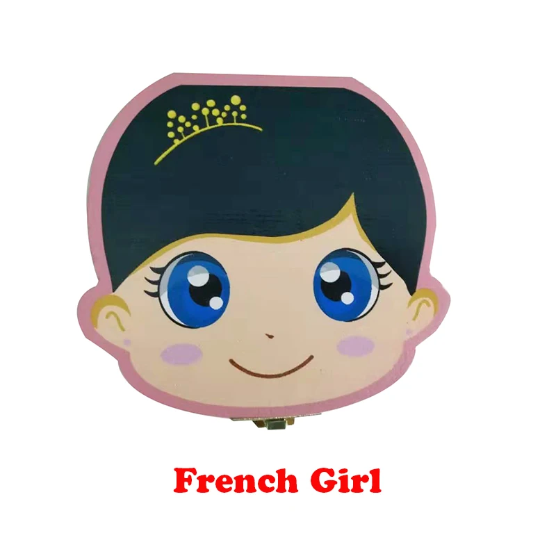 French Girl Деревянный Детский ящик для зубов английский/испанский/португальский молочные зубы пуповины органайзер для хранения мальчиков и девочек сувенир чехол подарки для детей - Цвет: French Girl