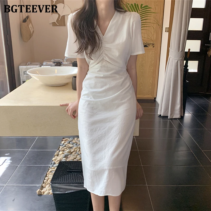 BGTEEVER Elegant V-neck Short Sleeve Women Dress Ruched Slim Waist Female Midi Casual Summer Lace Up Vestidos femme 2020 | Женская