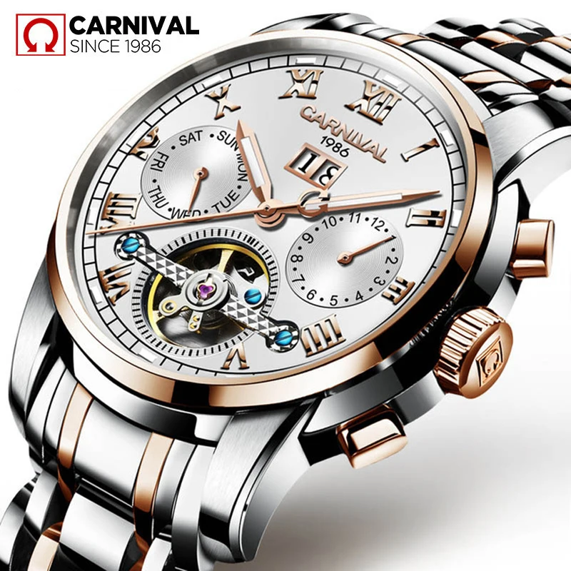 

CARNIVAL Mens Watches Top Brand Luxury Tourbillon Mechanical Watch for Men Stainless Steel Waterproof Fashion Wristwatches