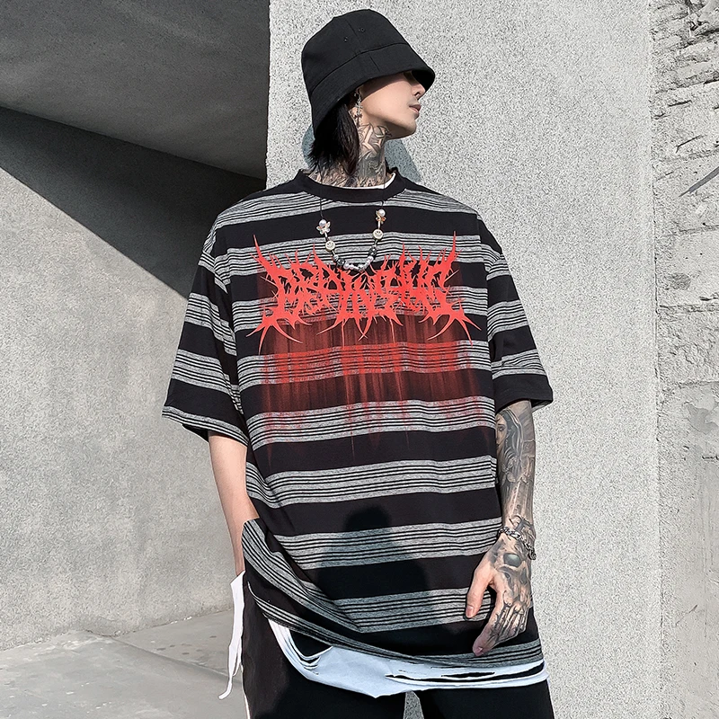 Aolamegs Men T Shirt Cool Striped Print Casual Fashion Couple Loose Hit Color Retro Punk Cool Harajuku Beach Summer Streetwear