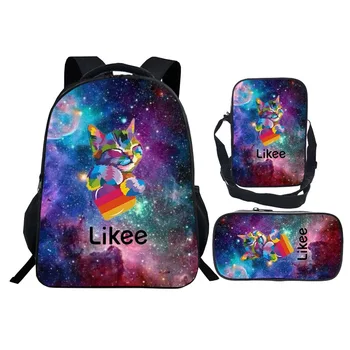 

Russia LIKEE Video App SchoolBag 3pcs/set Double Layer Zipper Pencil Case Back Pack 3D Print Likee Backpack Cat Mochilas Girls