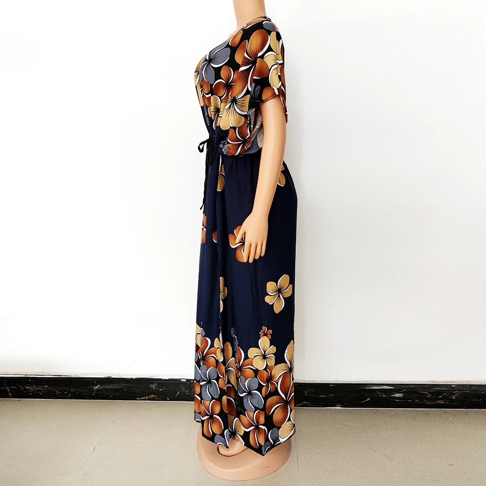 Summer Women' s Dresses African Loose Short Sleeves Colorful Floral Print Long Robe With Scarf Elegant Nigeria Maxi Dress Bazin african couple outfits