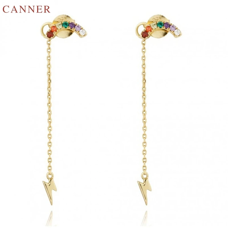 

CANNER Long Dangle Tassel Earings for Women Rainbow Zircon Lightning Drop Earrings 925 Silver Chain Earrings 2019 Jewelry C40
