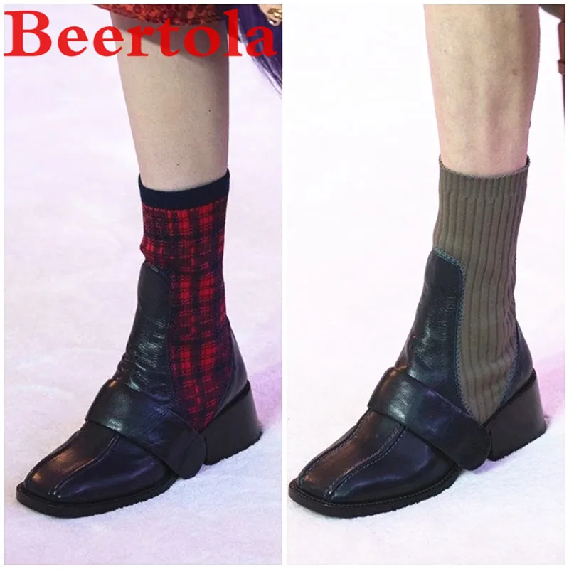

Brand Women's Sock Boots Autumn New Ankle Boots Women Square Toe Wine Red Runway Shoes Female Zapatillas Mujer Designers Booties