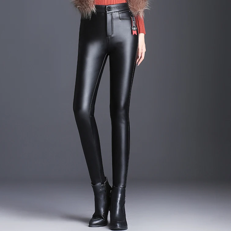 

2019 Women Winter Warm Pants High Waist Workout Streetwear Plus Size 3XL 4XL 5XL Autumn/Winter PU Women's Trousers