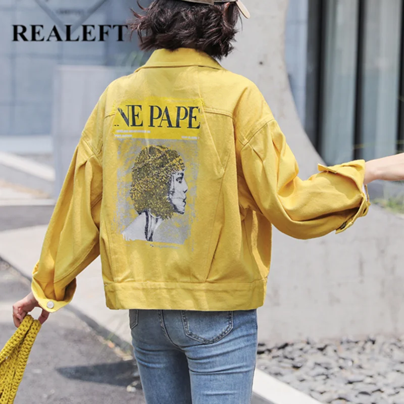 

REALEFT 2019 Autumn New Arrival Denim Jacket Fashion Cartoon Printed Short Jacket Long Sleeve Back Printed Women Coats Female