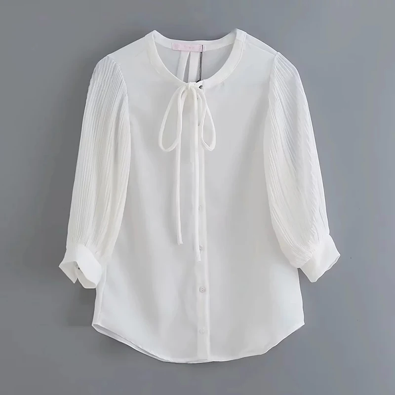 

Women Casual White New Arrival Za Blouse Summer Chic Women Single Breasted O-neck With Bow Pleated Long Sleeve Shirts mujer 2019