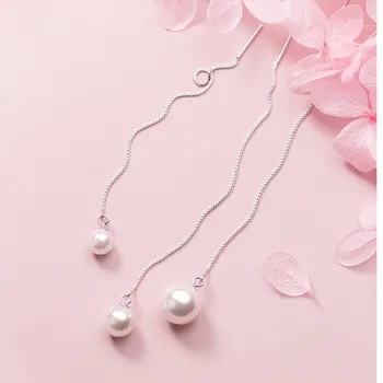 

Round Shell Pearl Pendant 925 Sterling Silver Ear Line Earings Thread Wedding Dangle Drop Earrings for Women Jewelry