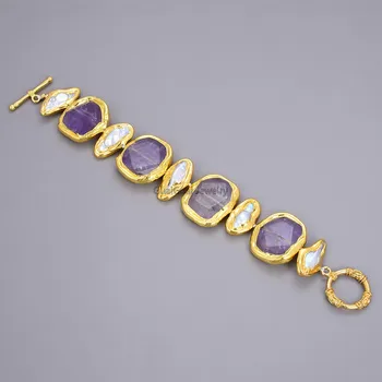 

GG Jewelry Freshwater White Biwa Pearl Amethyst 24 KT Gold Bracelet 8"