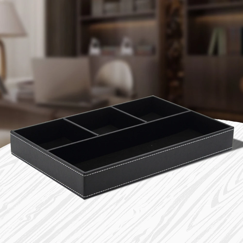 

Stationery Holder Home Keys Storage Box Pen Container Table Sundries Desktop 4 Grids PU Leather Hotel Living Room Office
