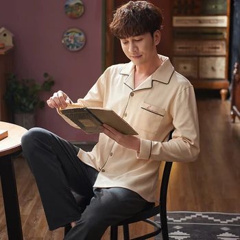 

Soft Turn Down Collar Long Sleeve Long Pants Sleepwear Fashion Style Casual Style Pajamas Set Man Clothes Cotton Pj Set