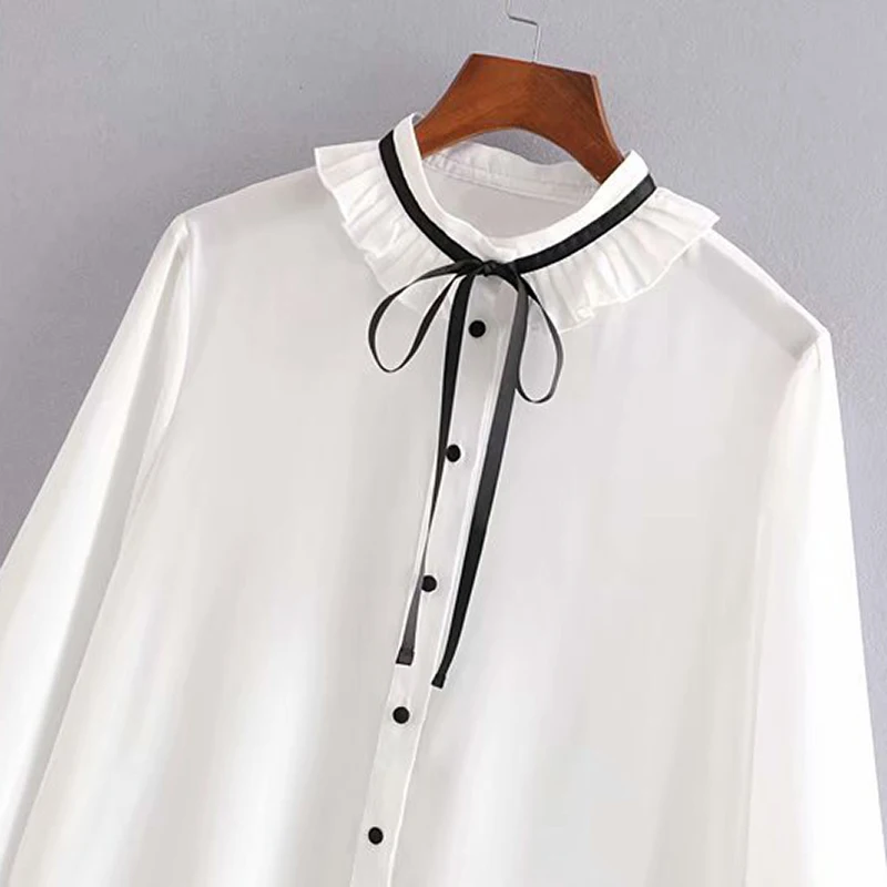 Bow Tie Sweet White Blouse Women Ruffled Long Sleeve Fashion Ladies Shirts Solid Lace Up Casual Tops Autumn Blusa Feminina