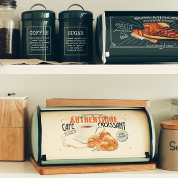 

French Vintage Bread Box Storage Bin Rollup top light gray small Powder Coated Bread Iron Snack Boxes For Kitchen Home Decor