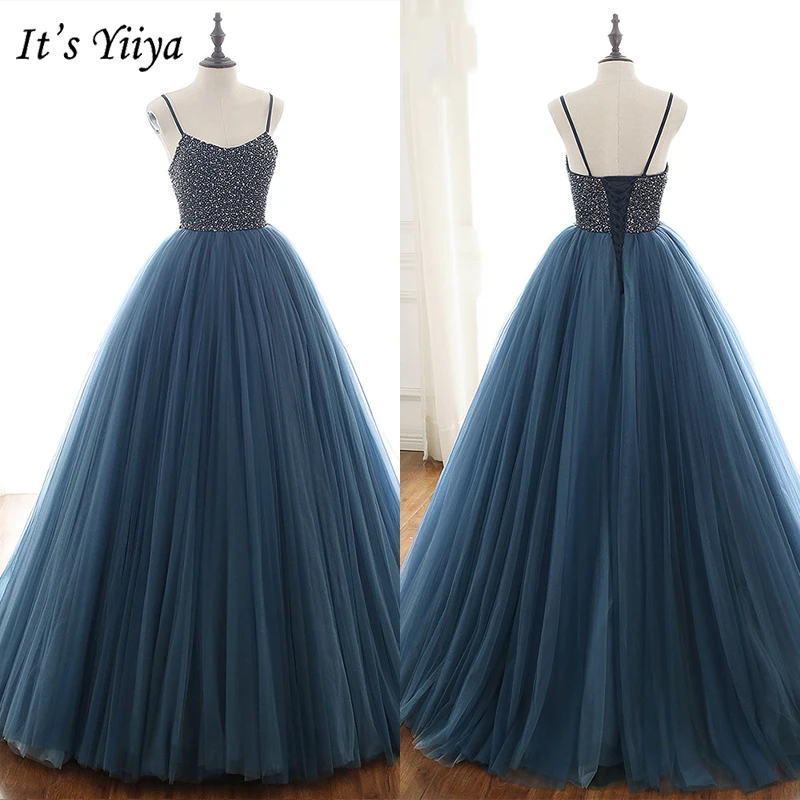 

It's Yiiya Evening Dress 2019 Elegant Crystal Spagheti Strap Party Robe de Soiree Plus Size Floor Length Lace Up Ball Gown E932