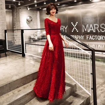 

Burgundy Evening Dresses Sexy V-Neck Half Sleeve Women Party Dress A Line Floor Length Vestido Bandage Back Robe De Soiree K286
