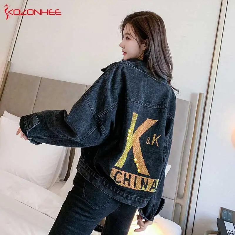 Модная китайская джинсовая женская куртка с блестками Повседневная карманами и