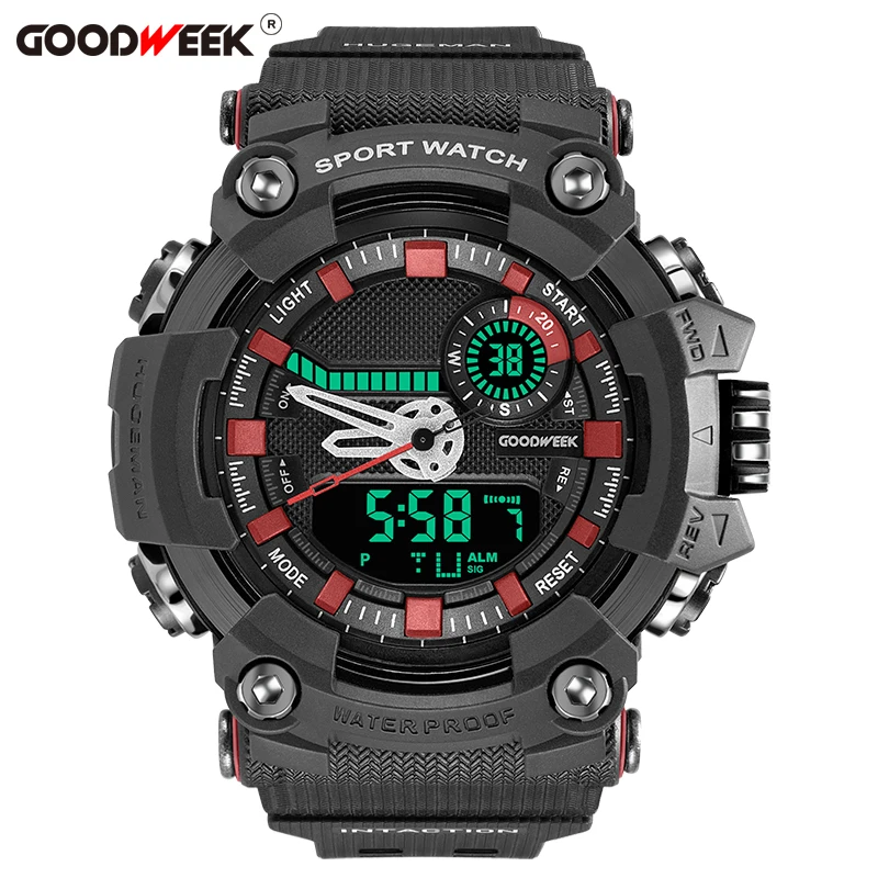 blackred GOODWEEK цифровые водонепроницаемые мужские спортивные часы Led многофункциональные армейские военные кварцевые часы G стиль двойной дисплей часы Relogio - Цвет: blackred